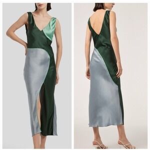 NAP Loungewear NWT Slip V-Neck Artistic Silk Dress Dark Green Blue Colorblock S